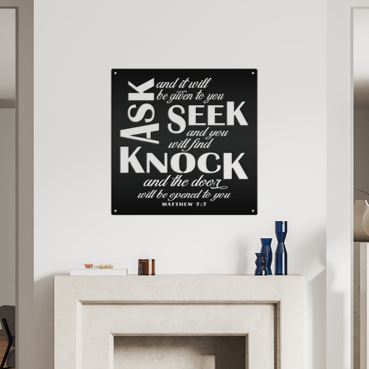 Unique Christian Home Decor - Inspirational Matthew 7 Metal Sign - Religious Wall Hanging - Charming Jesus Art - Church Artwork Decoration