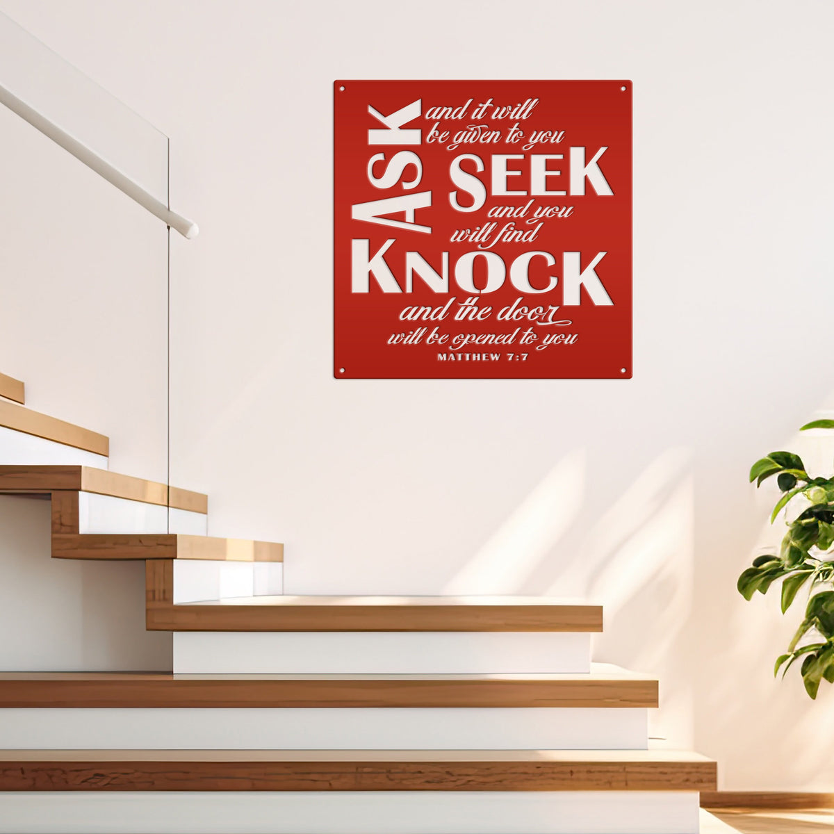 Unique Christian Home Decor - Inspirational Matthew 7 Metal Sign - Religious Wall Hanging - Charming Jesus Art - Church Artwork Decoration