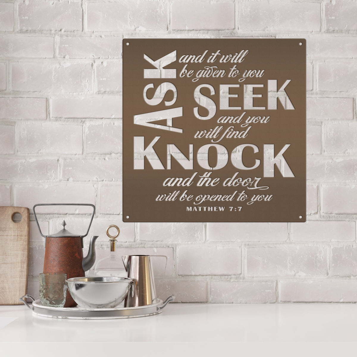 Unique Christian Home Decor - Inspirational Matthew 7 Metal Sign - Religious Wall Hanging - Charming Jesus Art - Church Artwork Decoration
