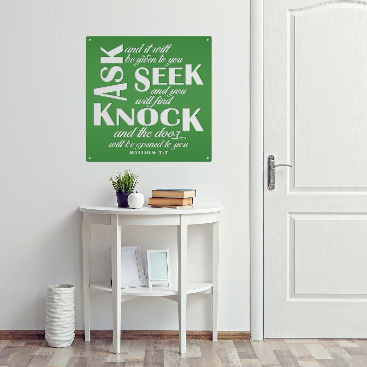Unique Christian Home Decor - Inspirational Matthew 7 Metal Sign - Religious Wall Hanging - Charming Jesus Art - Church Artwork Decoration