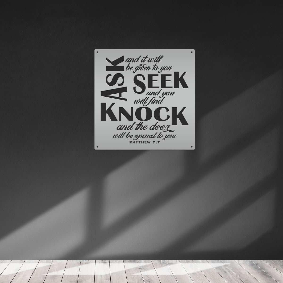 Unique Christian Home Decor - Inspirational Matthew 7 Metal Sign - Religious Wall Hanging - Charming Jesus Art - Church Artwork Decoration