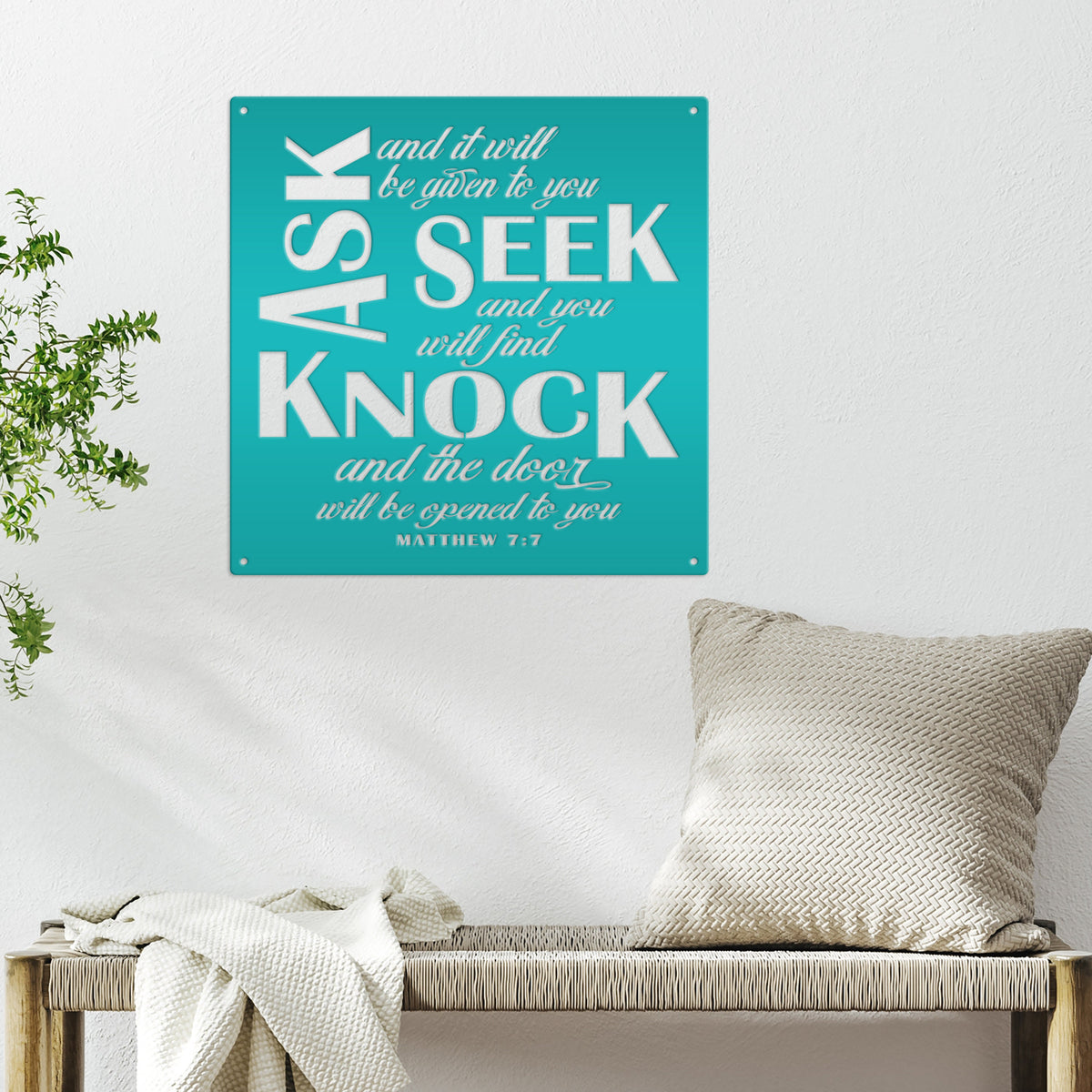 Unique Christian Home Decor - Inspirational Matthew 7 Metal Sign - Religious Wall Hanging - Charming Jesus Art - Church Artwork Decoration