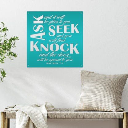 Unique Christian Home Decor - Inspirational Matthew 7 Metal Sign - Religious Wall Hanging - Charming Jesus Art - Church Artwork Decoration