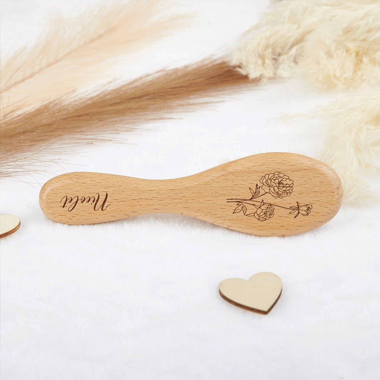 Personalized Beech Wood Baby Hairbrush: Custom Engraved Newborn Gift
