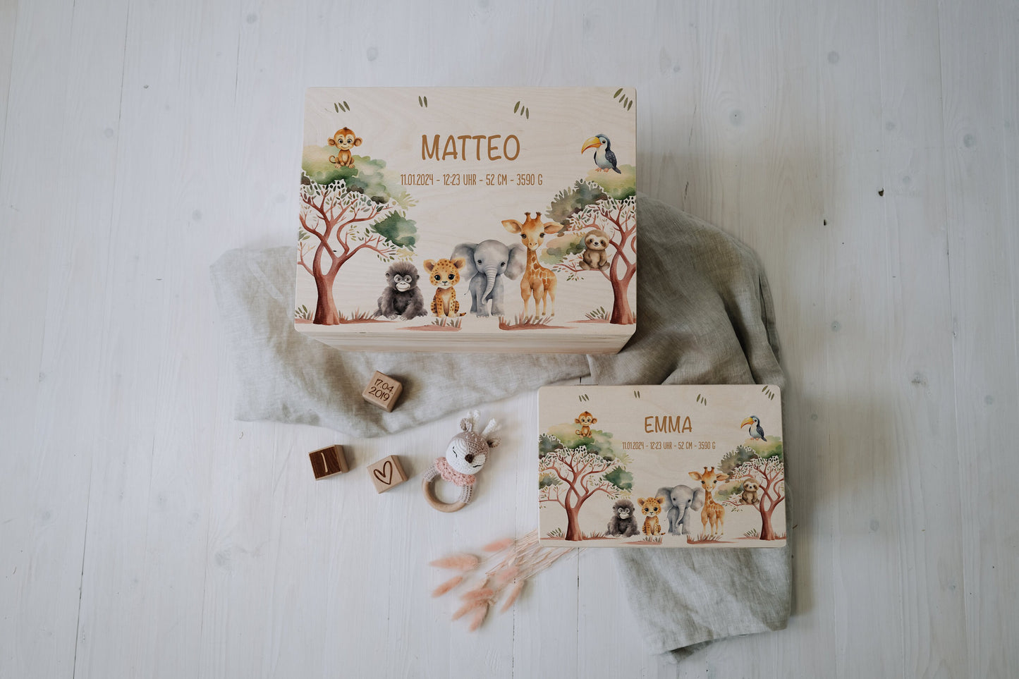 Baby Shower Gift Personalized - Safari Memory Box with Name, Birth or Baptism Gift Newborn, FSC Birch Wood Keepsake Box
