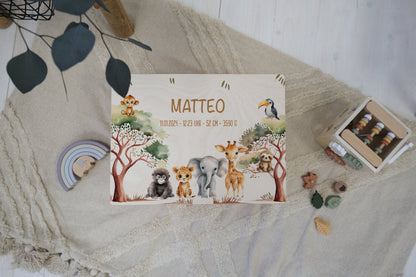 Baby Shower Gift Personalized - Safari Memory Box with Name, Birth or Baptism Gift Newborn, FSC Birch Wood Keepsake Box