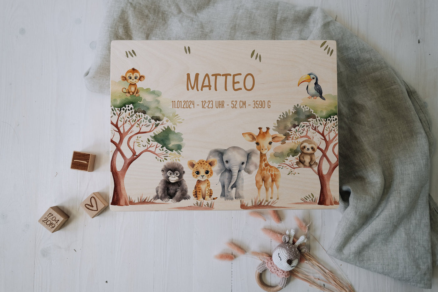 Baby Shower Gift Personalized - Safari Memory Box Wooden with Name, Newborn Gift Boy or Girl, Birth & Baptism Gift, FSC Birch