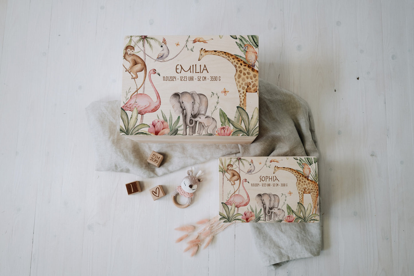 Baby Shower Gift Personalized - Memory Box Jungle with Name, Birth or Baptism Gift Newborn Boy Girl, FSC Birch Wood Keepsake Box