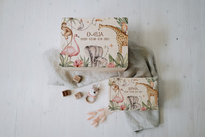 Baby Shower Gift Personalized - Memory Box Jungle with Name, Birth or Baptism Gift Newborn Boy Girl, FSC Birch Wood Keepsake Box