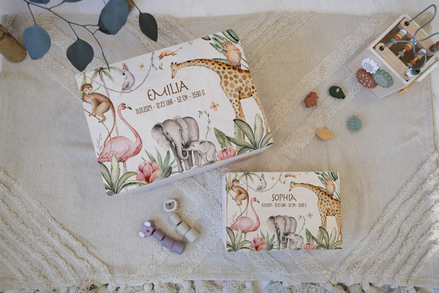 Baby Shower Gift Personalized - Memory Box Jungle with Name, Birth or Baptism Gift Newborn Boy Girl, FSC Birch Wood Keepsake Box