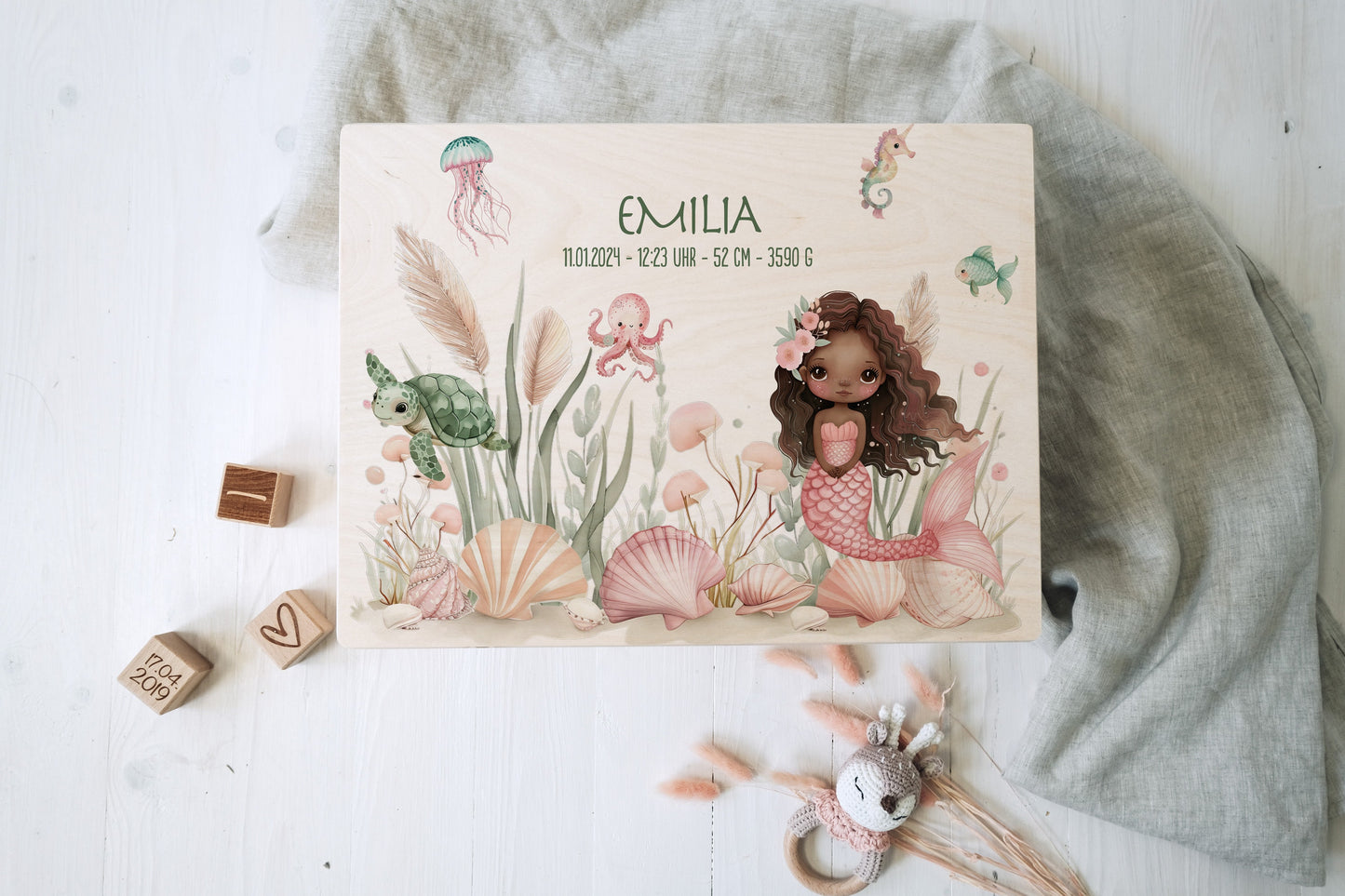 Baby Shower Gift Girl Personalized - Mermaid Memory Box with Name, Baptism or Birth Gift, FSC Birch Wood Keepsake Box, 2 Sizes