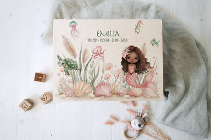 Baby Shower Gift Girl Personalized - Mermaid Memory Box with Name, Birthday or Baptism Gift, FSC Birch Wood Keepsake Box Small or Large