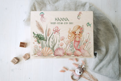 Baby Shower Gift Girl Personalized - Mermaid Memory Box with Name, Baptism or Birth Gift, FSC Birch Wood Keepsake Box, 2 Sizes
