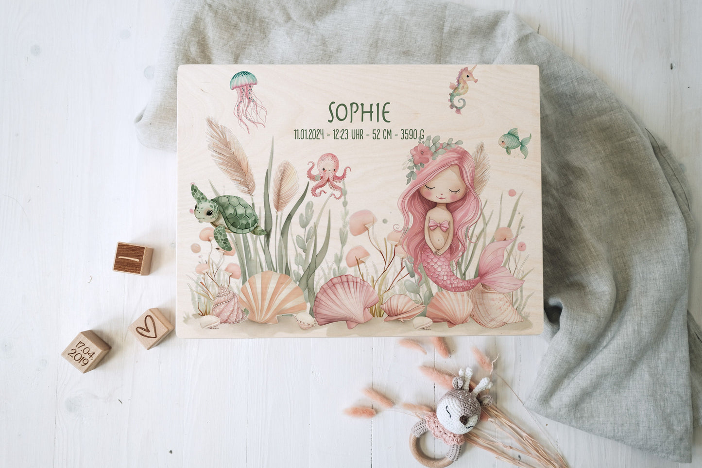 Baby Shower Gift Girl Personalized - Mermaid Memory Box with Name, Baptism or Birth Gift, FSC Birch Wood Keepsake Box, 2 Sizes