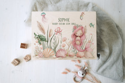 Baby Shower Gift Girl Personalized - Mermaid Memory Box with Name, Baptism or Birth Gift, FSC Birch Wood Keepsake Box, 2 Sizes