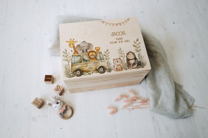 Baby Shower Gift Personalized - Memory Box Safari Animals with Name, Birth or Baptism Gift Newborn Boy Girl, FSC Birch Wood Keepsake Box