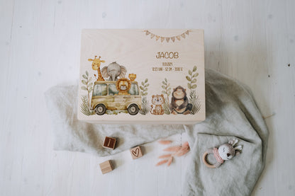 Baby Shower Gift Personalized - Memory Box Safari Animals with Name, Birth or Baptism Gift Newborn Boy Girl, FSC Birch Wood Keepsake Box