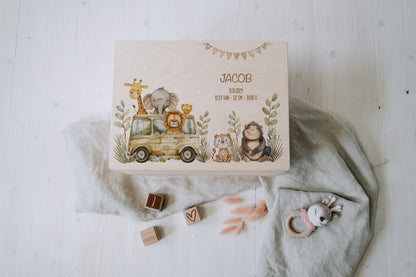 Baby Shower Gift Personalized - Memory Box Safari Animals with Name, Baptism or Birth Gift Boy Girl, FSC Birch Wood Keepsake Box