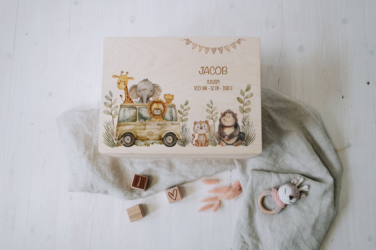 Baby Shower Gift Boy Personalized - Memory Box Safari Animals, Baptism or Birth Gift, FSC Birch Wood Keepsake Box with Name