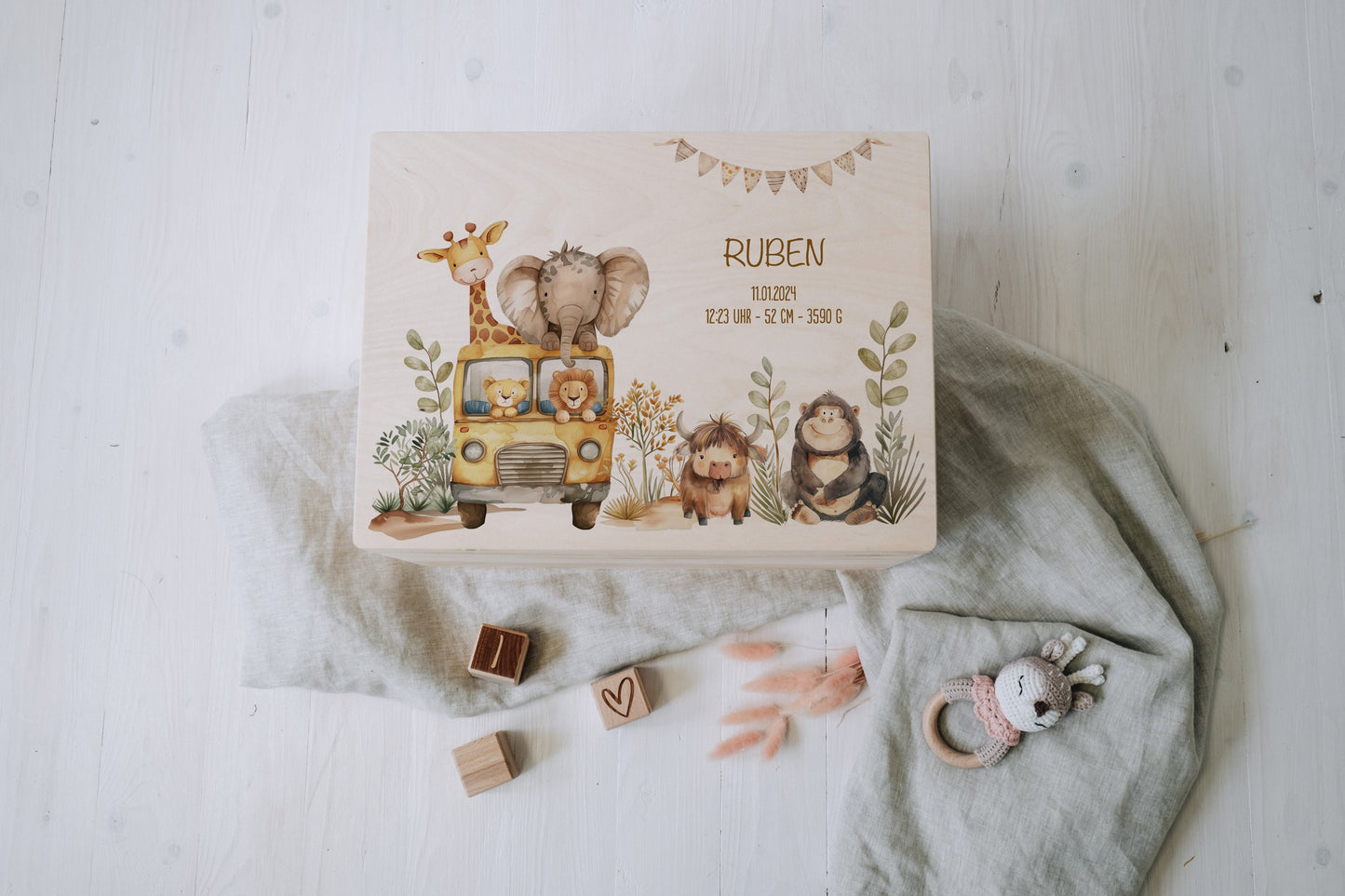 Baby Shower Gift Boy Personalized - Memory Box Safari Animals, Baptism or Birth Gift, FSC Birch Wood Keepsake Box with Name