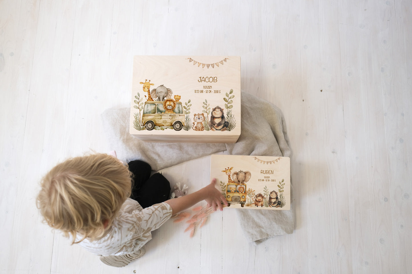Baby Shower Gift Boy Personalized - Memory Box Safari Animals, Baptism or Birth Gift, FSC Birch Wood Keepsake Box with Name