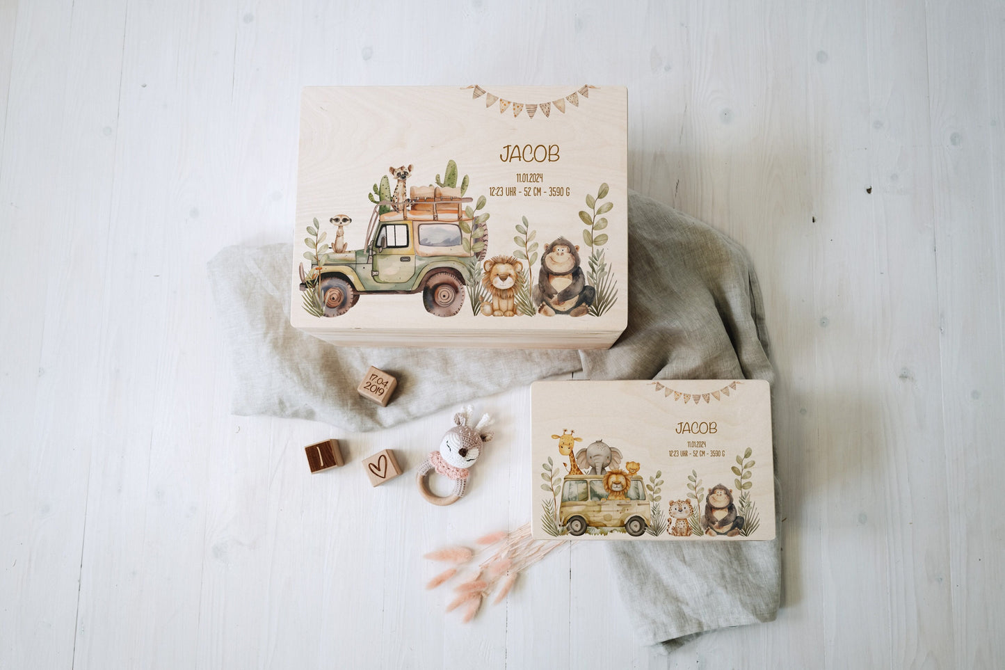 Baby Shower Gift Personalized - Memory Box Safari Animals with Name, Birth or Baptism Gift Newborn Boy Girl, FSC Birch Wood Keepsake Box