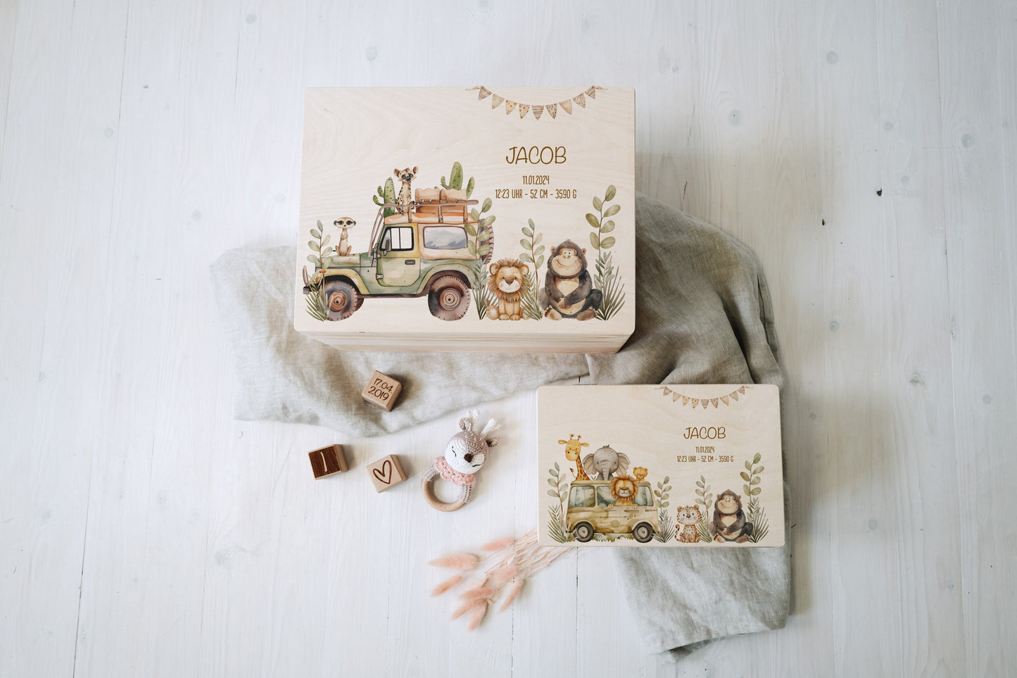 Baby Shower Gift Boy Personalized - Memory Box Safari Animals, Baptism or Birth Gift, FSC Birch Wood Keepsake Box with Name