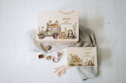 Baby Shower Gift Boy Personalized - Memory Box Safari Animals, Baptism or Birth Gift, FSC Birch Wood Keepsake Box with Name
