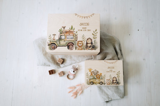 Baby Shower Gift Boy Personalized - Memory Box Safari Animals, Baptism or Birth Gift, FSC Birch Wood Keepsake Box with Name