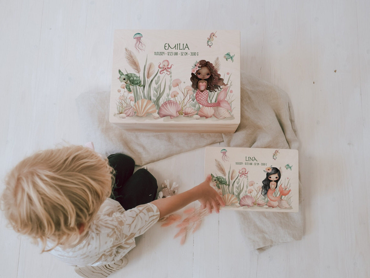 Baby Shower Gift Girl Personalized - Mermaid Memory Box with Name, Birthday or Baptism Gift, FSC Birch Wood Keepsake Box Small or Large