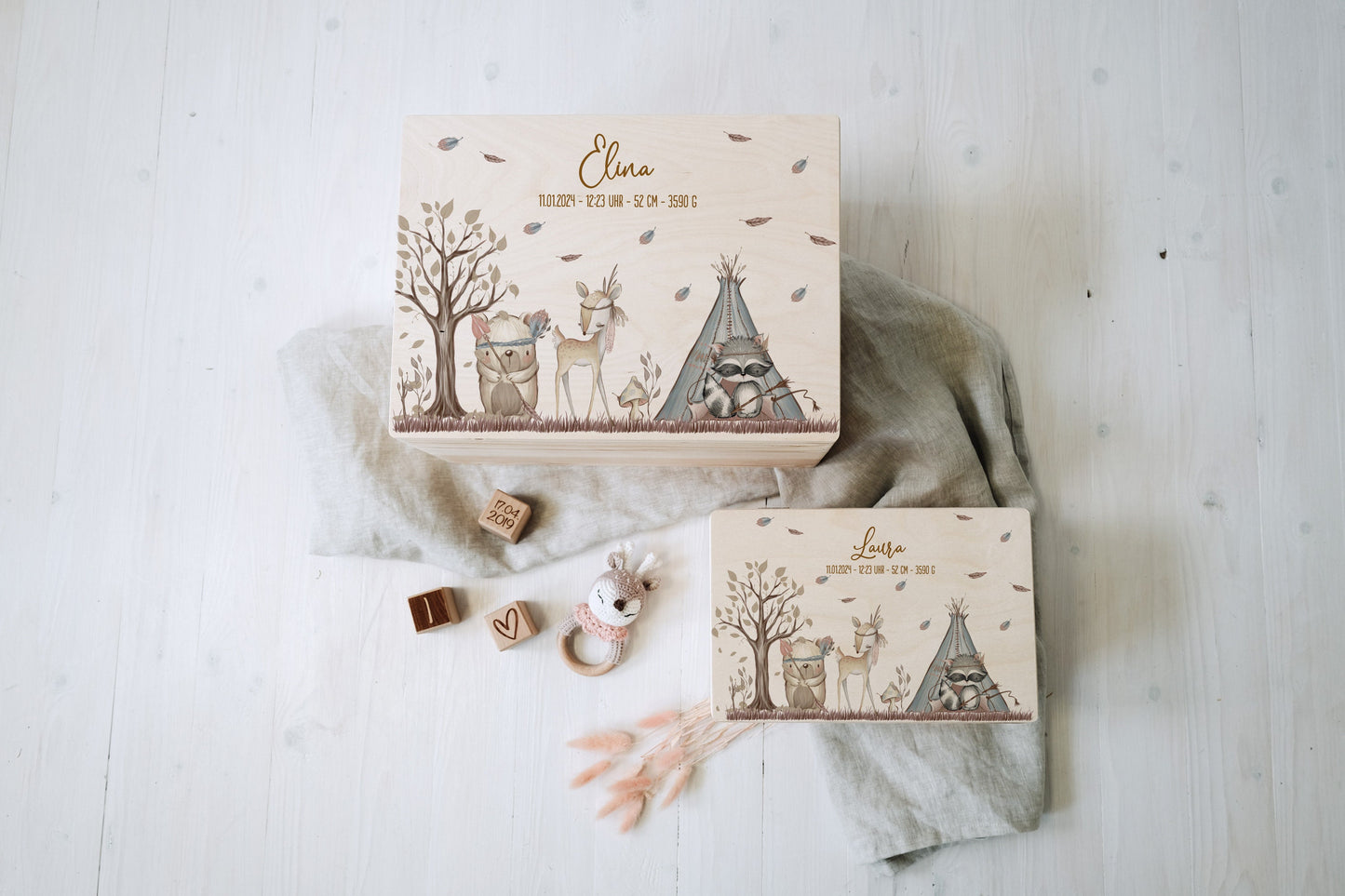 Baby Shower Gift Personalized - Memory Box Wooden with Name, Baptism or Birth Gift Boy Girl, FSC Birch Boho Forest Animals