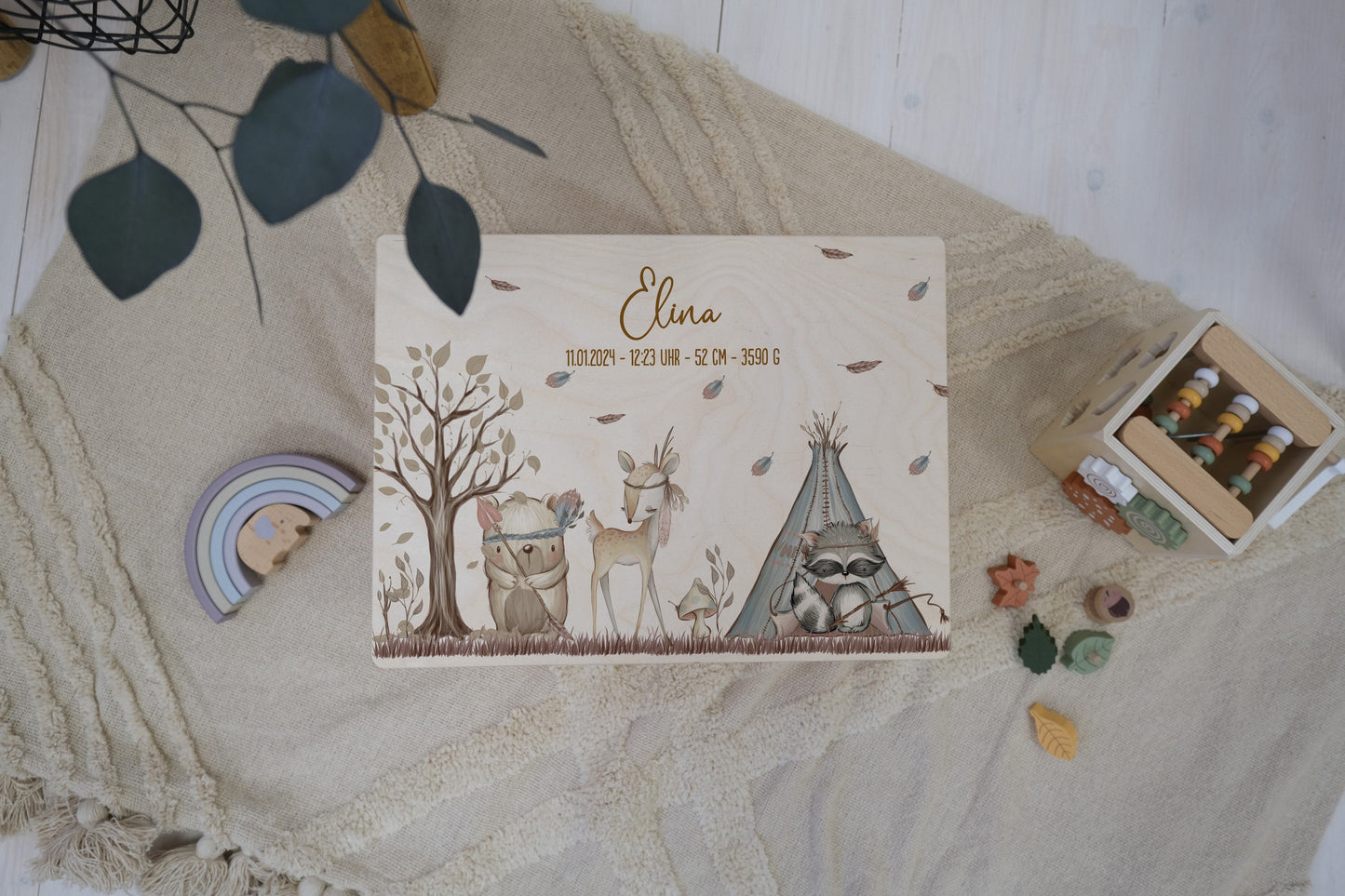 Baby Shower Gift Personalized - Memory Box Wooden with Name, Baptism or Birth Gift Boy Girl, FSC Birch Boho Forest Animals