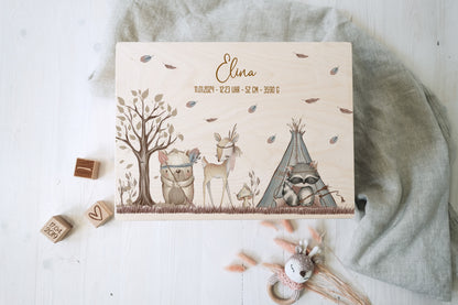 Baby Shower Gift Personalized - Memory Box Wooden with Name, Baptism or Birth Gift Boy Girl, FSC Birch Boho Forest Animals