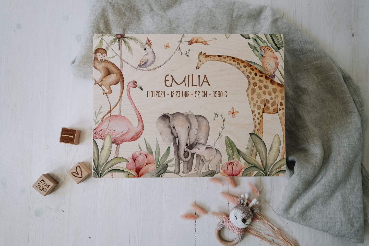 Baby Shower Gift Personalized - Memory Box Jungle with Name, Birth or Baptism Gift Newborn Boy Girl, FSC Birch Wood Keepsake Box