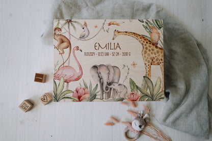 Baby Shower Gift Personalized - Memory Box Jungle with Name, Birth or Baptism Gift Newborn Boy Girl, FSC Birch Wood Keepsake Box