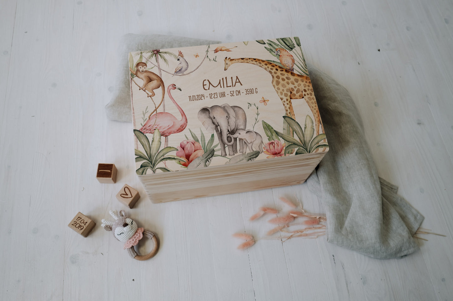 Baby Shower Gift Personalized - Memory Box Jungle with Name, Birth or Baptism Gift Newborn Boy Girl, FSC Birch Wood Keepsake Box