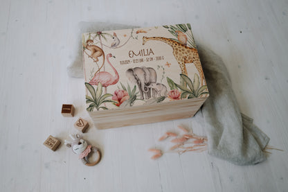 Baby Shower Gift Personalized - Memory Box Jungle with Name, Birth or Baptism Gift Newborn Boy Girl, FSC Birch Wood Keepsake Box