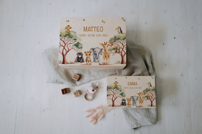 Baby Shower Gift Personalized - Safari Memory Box Wooden with Name, Newborn Gift Boy or Girl, Birth & Baptism Gift, FSC Birch
