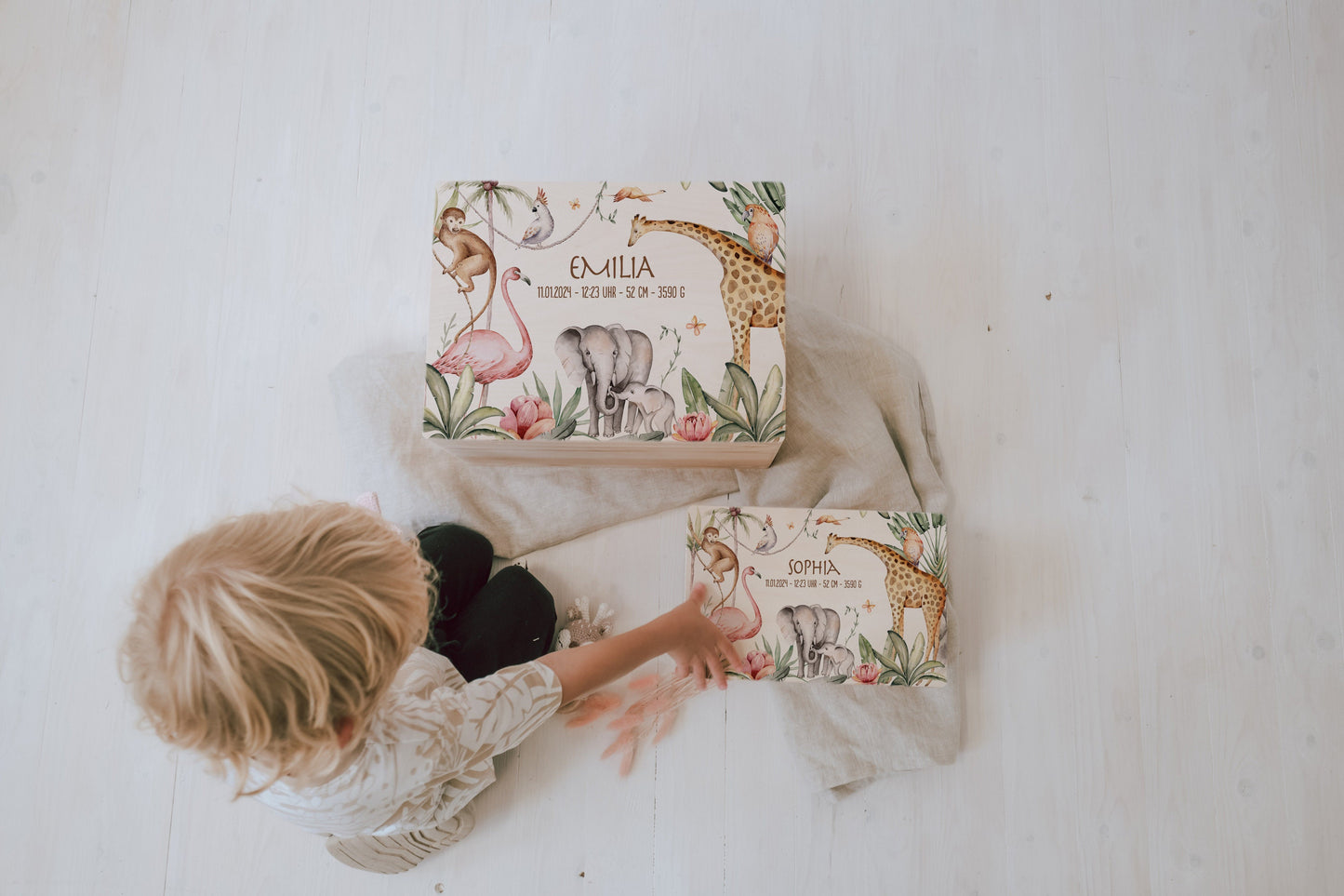Baby Shower Gift Personalized - Memory Box Jungle with Name, Birth or Baptism Gift Newborn Boy Girl, FSC Birch Wood Keepsake Box