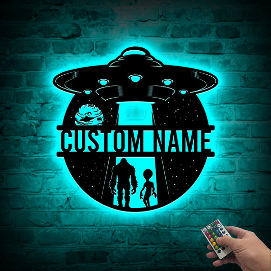 Custom Bigfoot Alien UFO Metal Sign with LED Lights