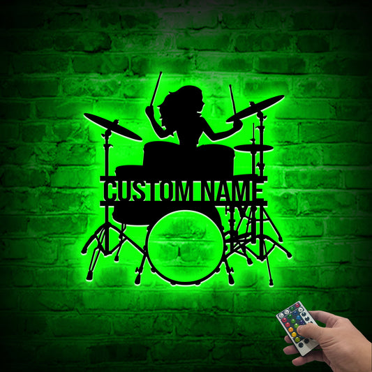 Custom Female Drummer Metal Wall Art, LED Lights, Music Room Decor