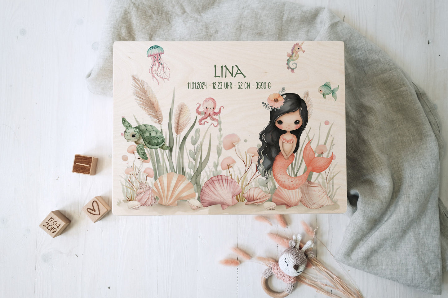 Baby Shower Gift Girl Personalized - Mermaid Memory Box with Name, Baptism or Birth Gift, FSC Birch Wood Keepsake Box, 2 Sizes
