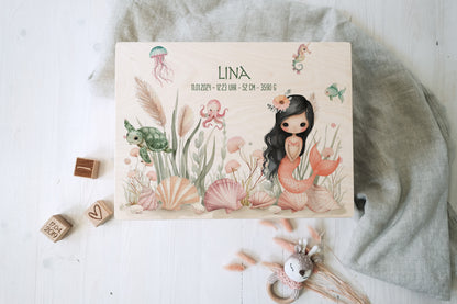 Baby Shower Gift Girl Personalized - Mermaid Memory Box with Name, Baptism or Birth Gift, FSC Birch Wood Keepsake Box, 2 Sizes