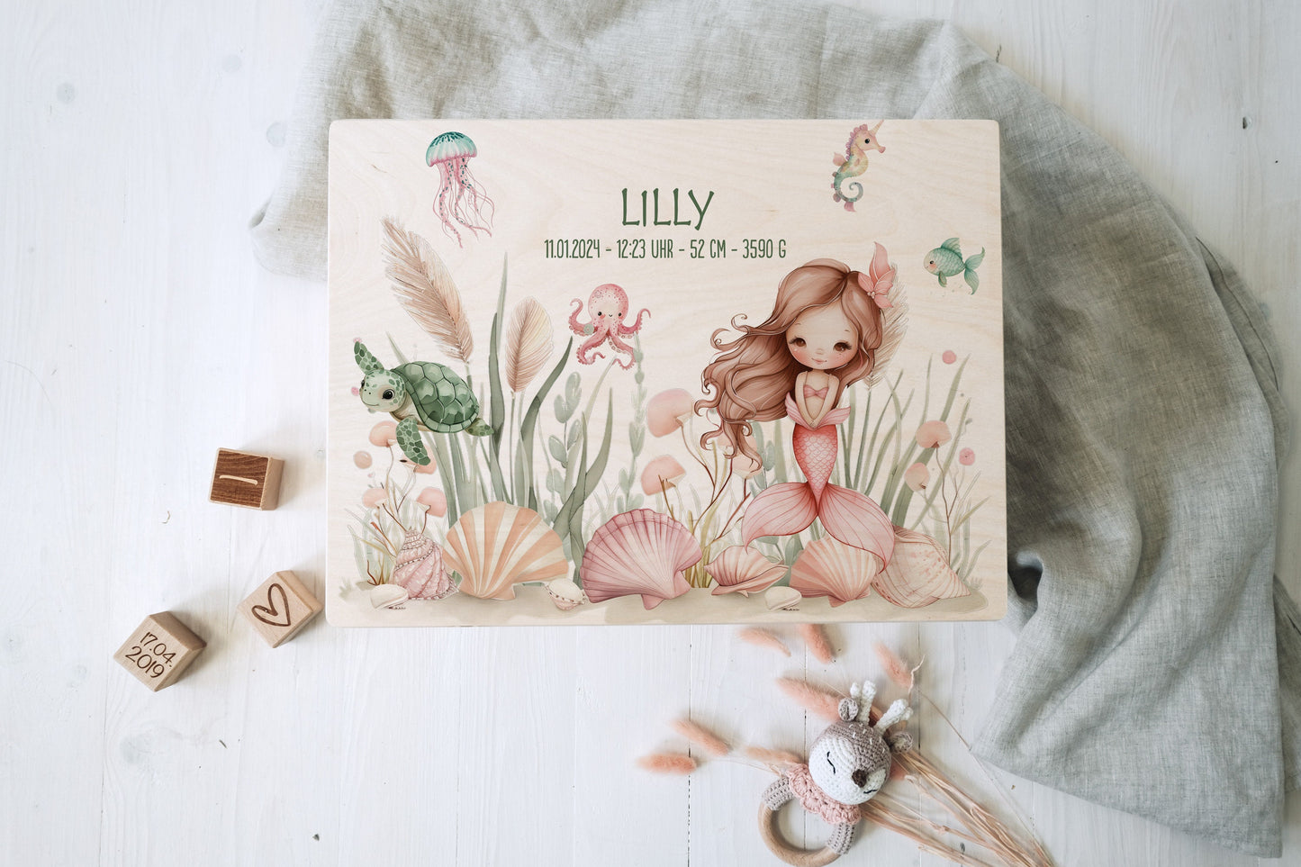 Baby Shower Gift Girl Personalized - Mermaid Memory Box with Name, Baptism or Birth Gift, FSC Birch Wood Keepsake Box, 2 Sizes