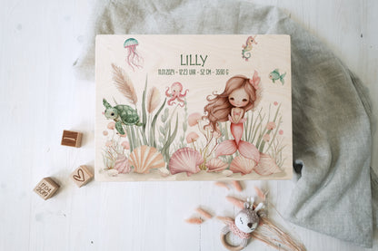 Baby Shower Gift Girl Personalized - Mermaid Memory Box with Name, Baptism or Birth Gift, FSC Birch Wood Keepsake Box, 2 Sizes
