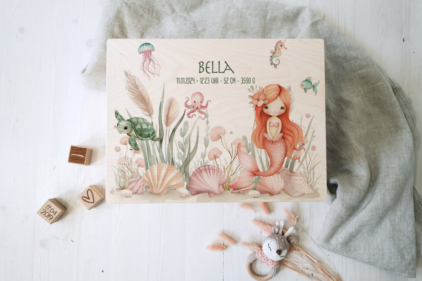 Baby Shower Gift Girl Personalized - Mermaid Memory Box with Name, Baptism or Birth Gift, FSC Birch Wood Keepsake Box, 2 Sizes