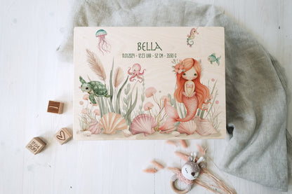 Baby Shower Gift Girl Personalized - Mermaid Memory Box with Name, Baptism or Birth Gift, FSC Birch Wood Keepsake Box, 2 Sizes