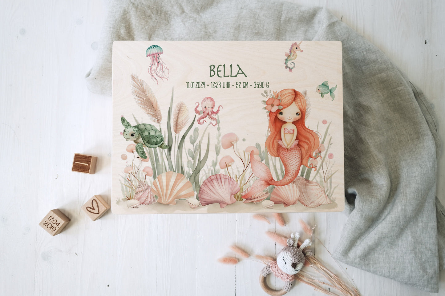 Baby Shower Gift Girl Personalized - Mermaid Memory Box with Name, Birthday or Baptism Gift, FSC Birch Wood Keepsake Box Small or Large