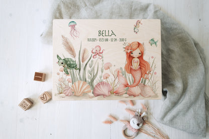 Baby Shower Gift Girl Personalized - Mermaid Memory Box with Name, Birthday or Baptism Gift, FSC Birch Wood Keepsake Box Small or Large