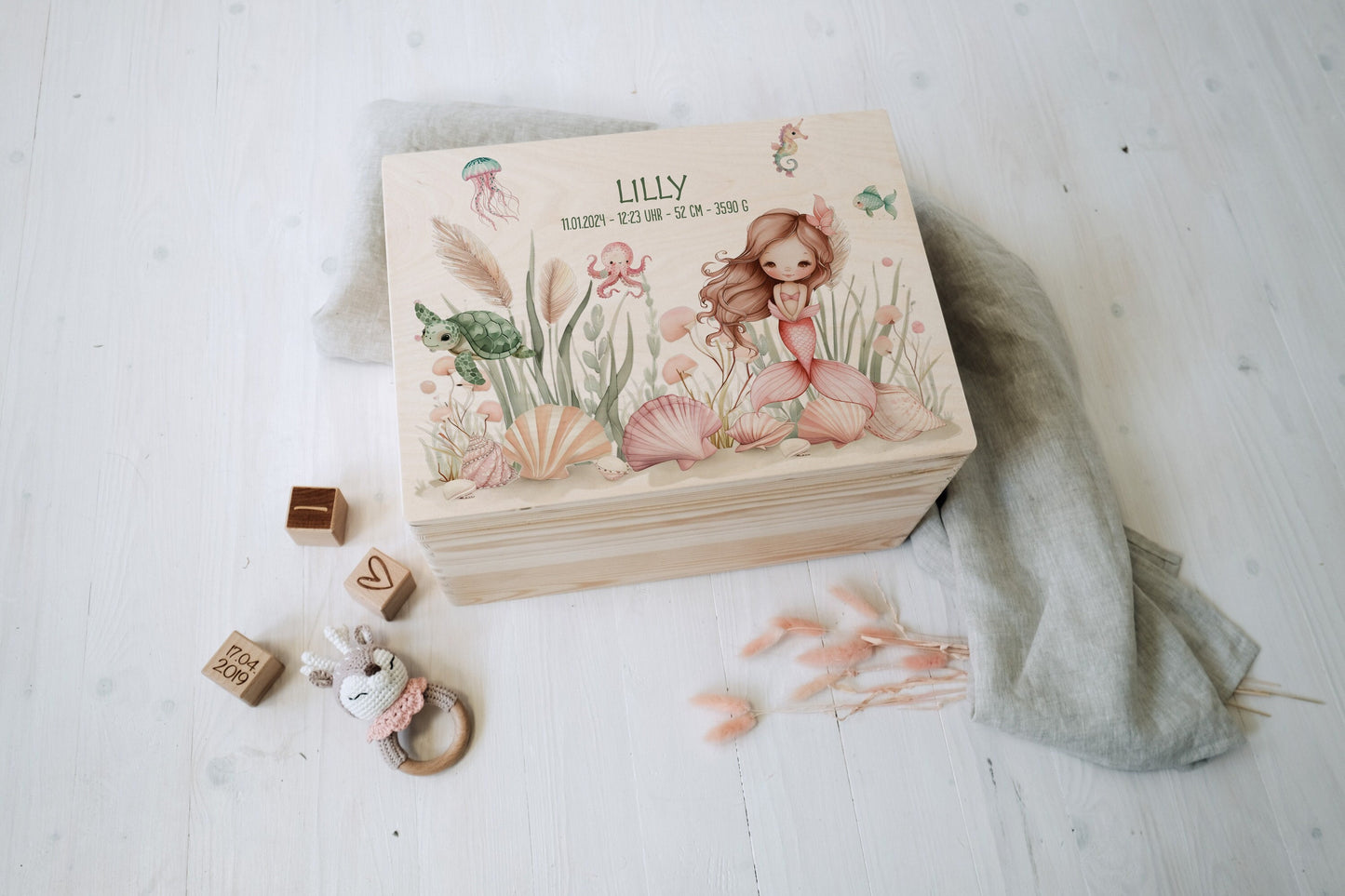 Baby Shower Gift Girl Personalized - Mermaid Memory Box with Name, Baptism or Birth Gift, FSC Birch Wood Keepsake Box, 2 Sizes